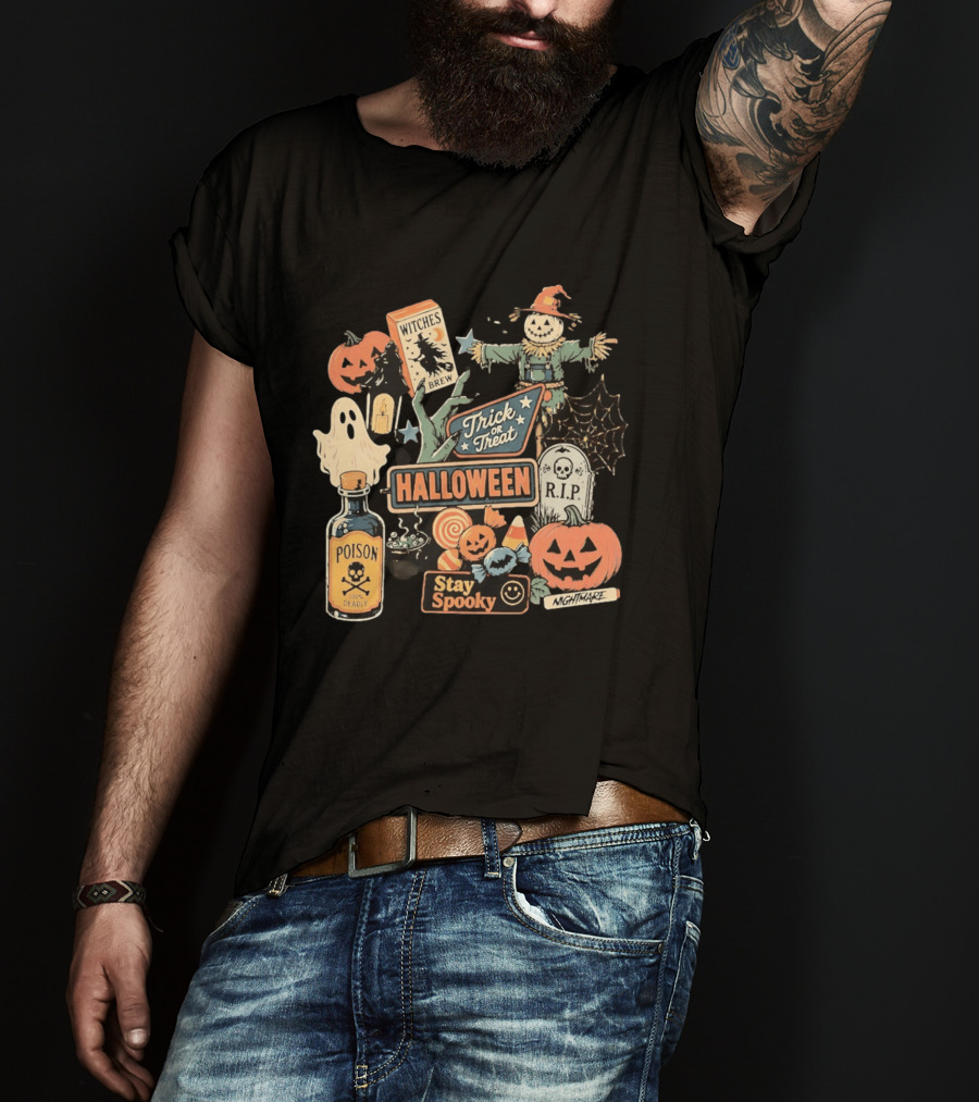Halloween Trick Or Treat Stay Spooky Witches Brew Poison Nightmare R.I.P Ghost Pumpkins T-Shirt