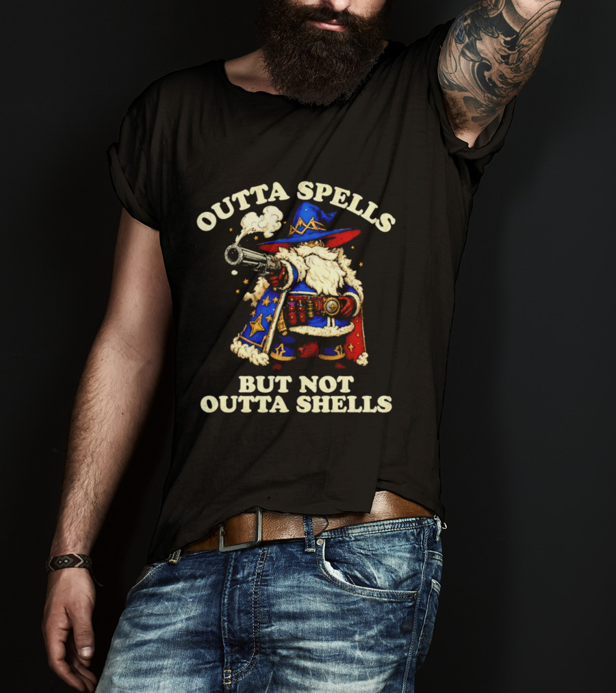 Outta Spells But Not Outta Shells Wizard With Shotgun Retro Magic Humor T-Shirt