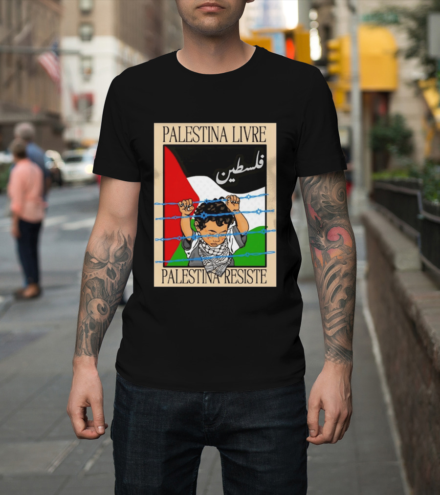 Palestina Livre Resistência Criança Frente Bandeira Arame Farpado T-Shirt