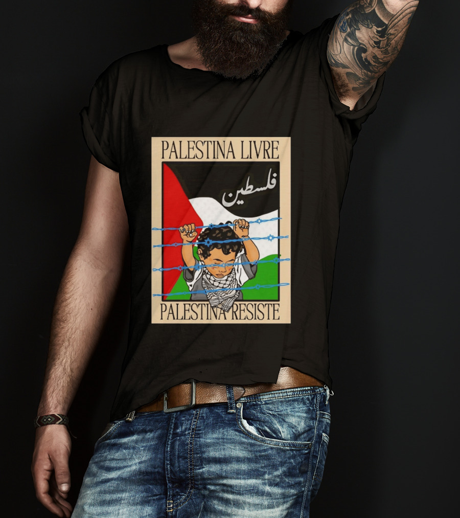 Palestina Livre Resistência Criança Frente Bandeira Arame Farpado T-Shirt