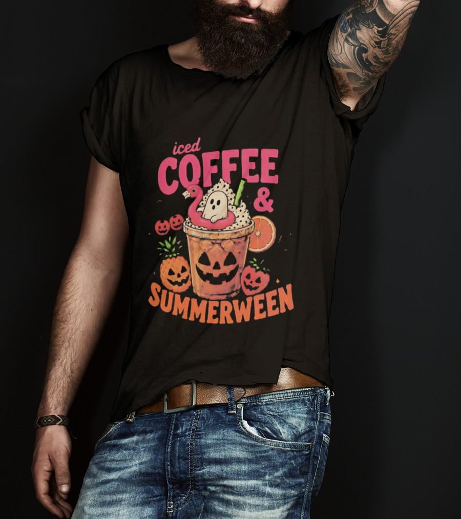 Iced Coffee And Summerween Spooky Tropical Fruit Halloween Jack O' Lantern Drink T-Shirt