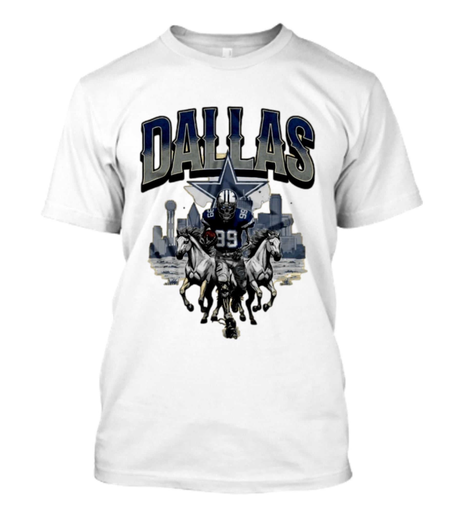 Dallas Cowboys Gameday Skeleton Football Player With Horses And Skyline T-Shirt