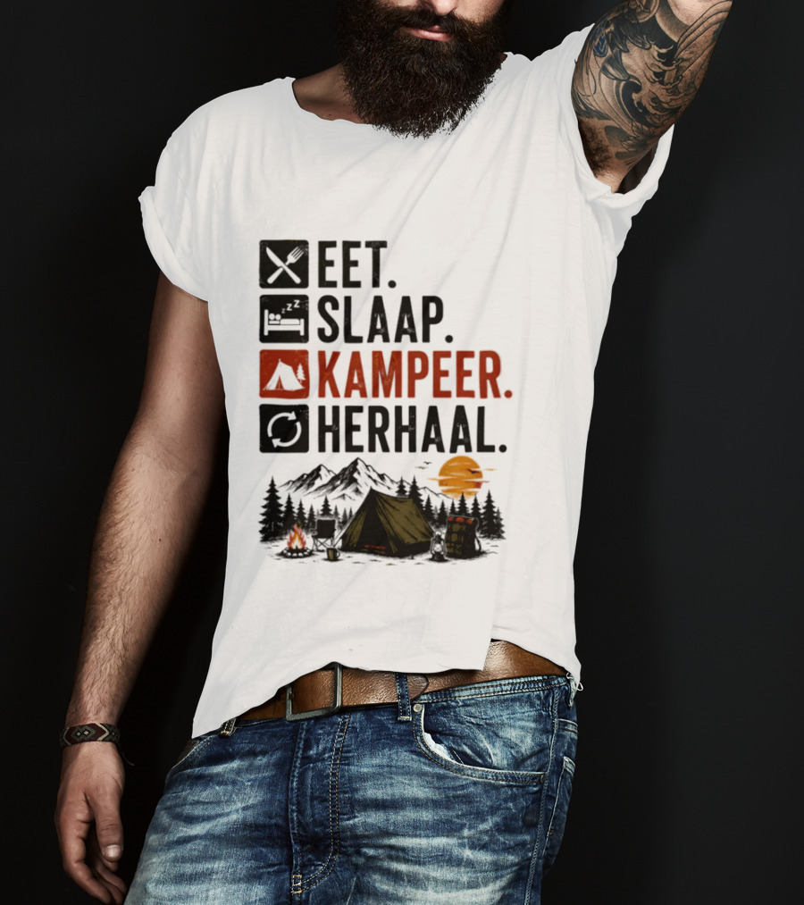 Eet Slaap Kampeer Herhaal Camping Tent Mountains Campfire Sunset T-Shirt