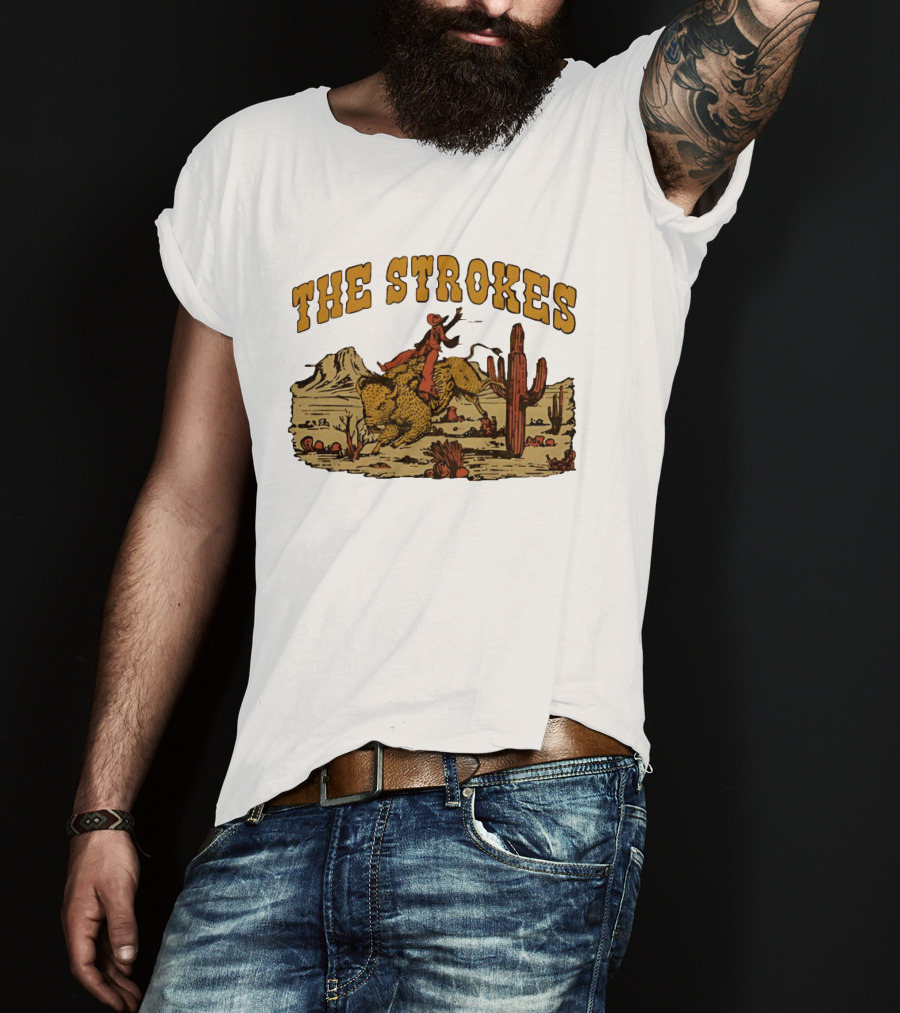 The Strokes Cowboy Riding Cheetah Desert Scene Classic Western T-Shirt