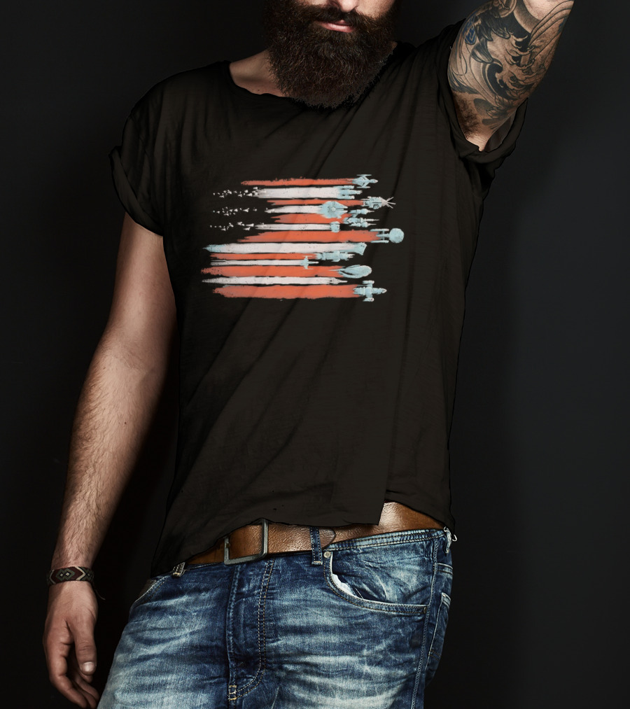 American Flag With Spacecraft Sci Fi T-Shirt