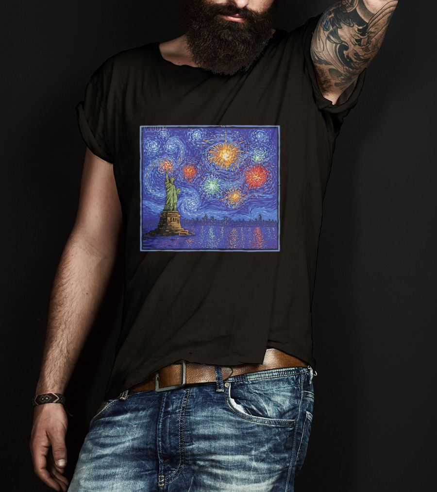 Fireworks Over Statue Of Liberty In Van Gogh Starry Night T-Shirt