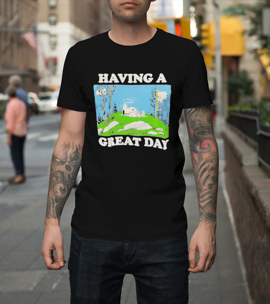 Snoopy Having A Great Day Relaxing On The Green Hill With Blue Sky And Clouds T-Shirt