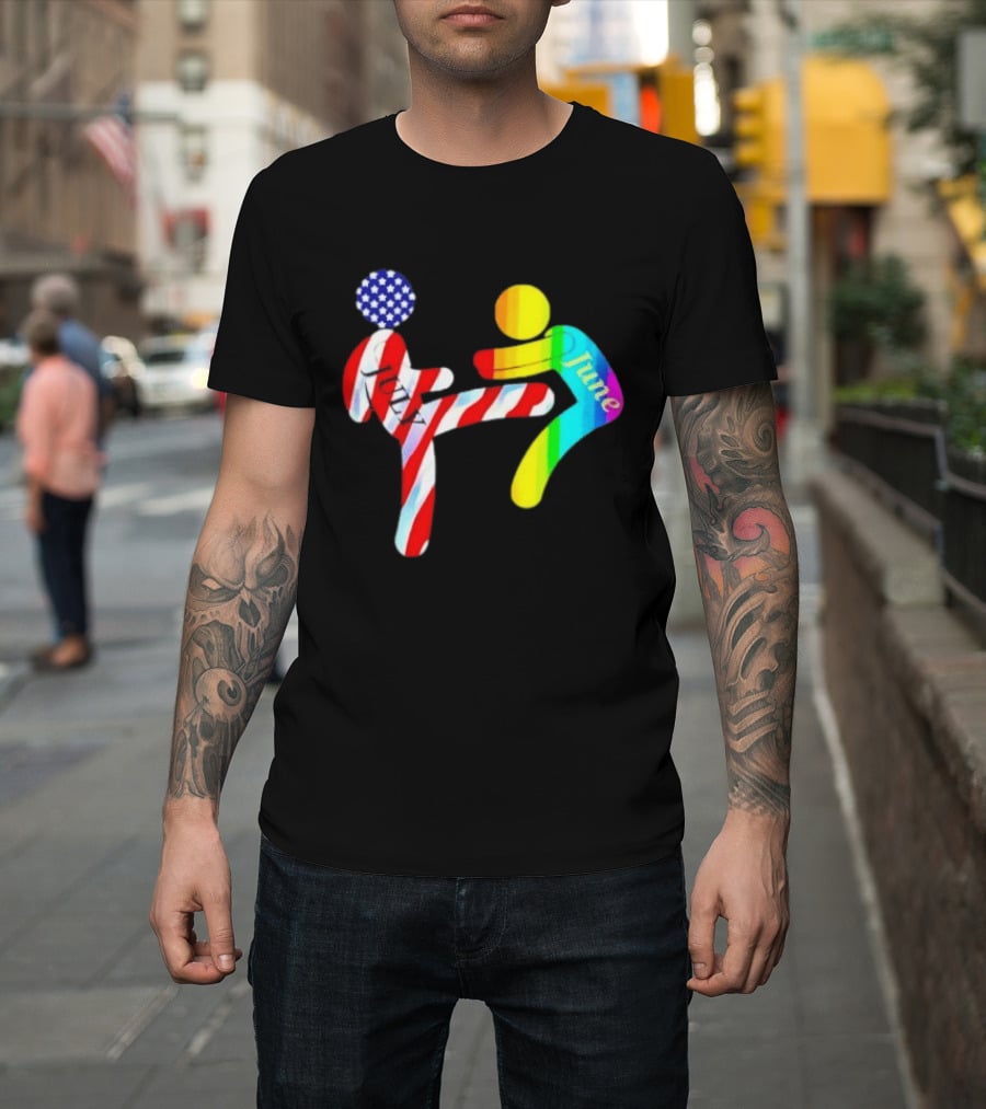 July Independence Kick With June Pride Month Rainbow Flag USA Stars And Stripes T-Shirt