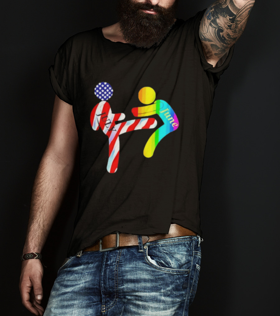 July Independence Kick With June Pride Month Rainbow Flag USA Stars And Stripes T-Shirt
