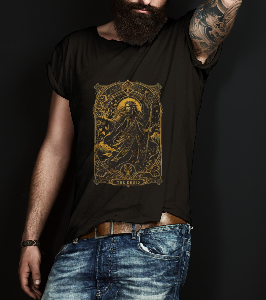 The Druid Fantasy Forest Magic Celtic Mystical Enchantment With Stag And Staff T-Shirt