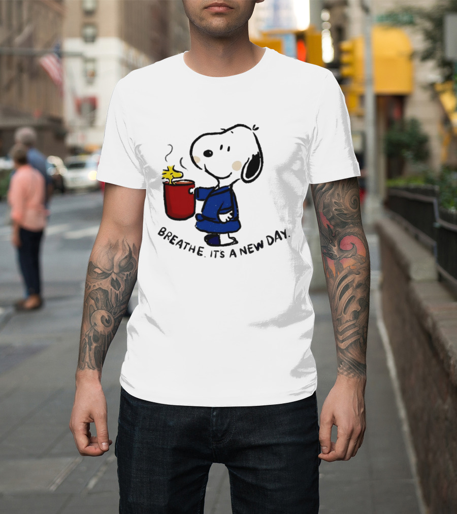 Snoopy And Woodstock Breathe It's A New Day Coffee Relaxation T-Shirt