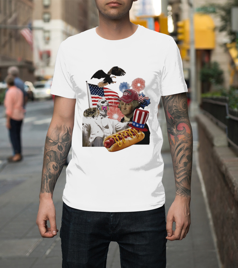 Merica Abraham Lincoln George Washington Hot Dog Eagle Fireworks Patriotic Celebration T-Shirt