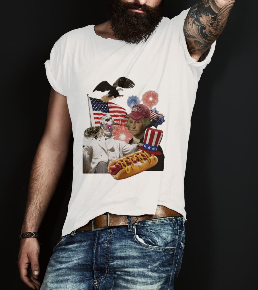 Merica Abraham Lincoln George Washington Hot Dog Eagle Fireworks Patriotic Celebration T-Shirt