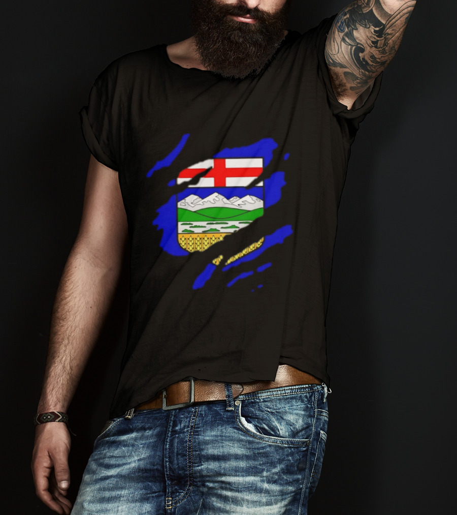 Alberta Coat Of Arms Ripped Effect Canada Flag Emblem Heritage Display T-Shirt