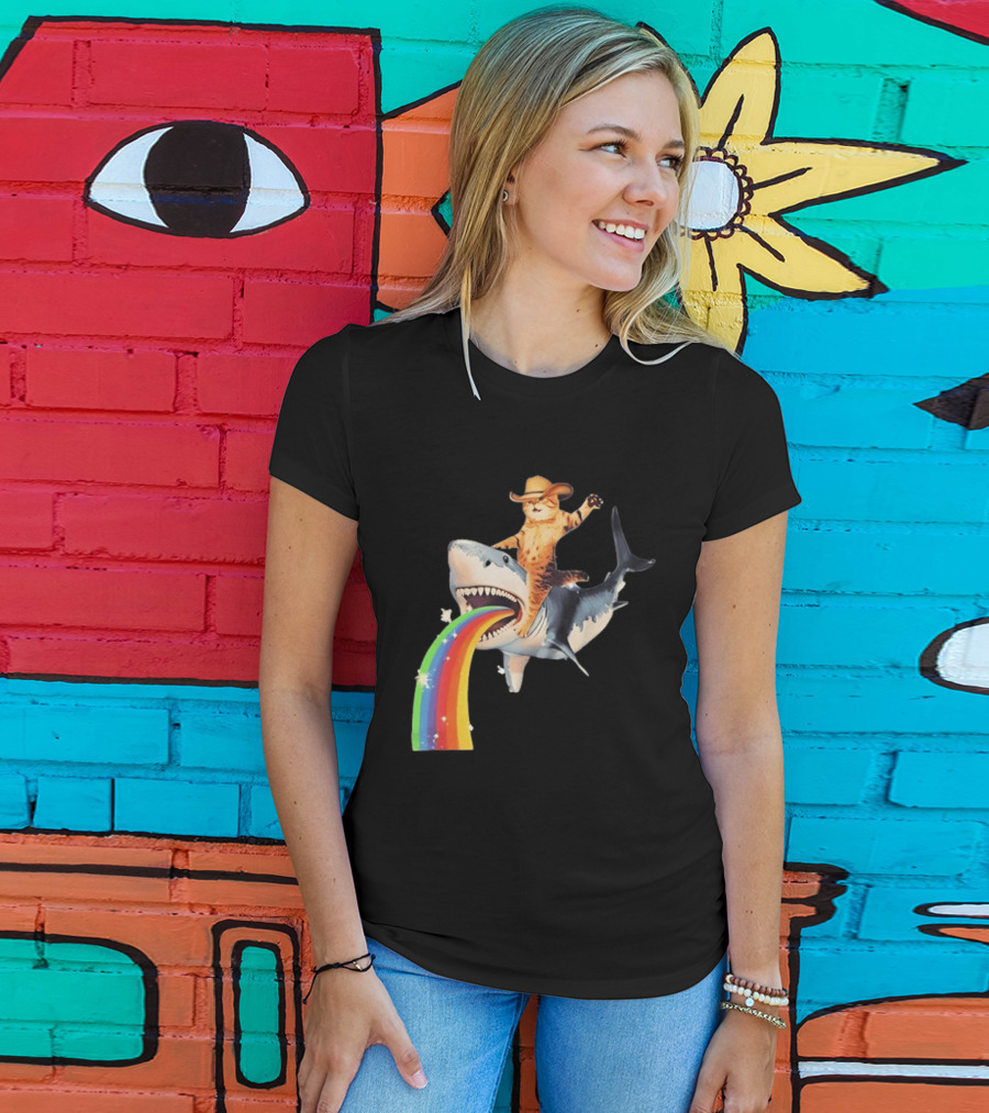 Cowboy Cat Riding Shark With Rainbow T-Shirt