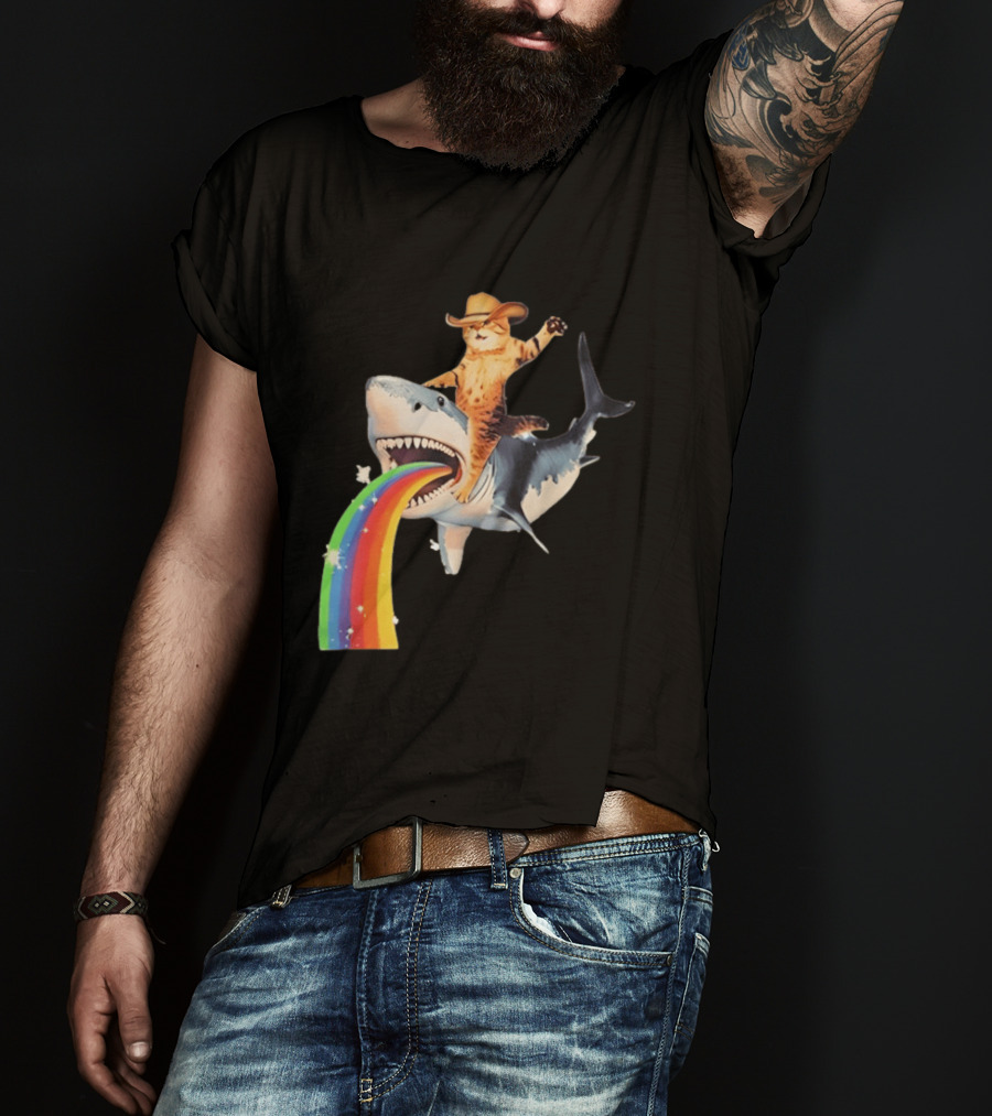 Cowboy Cat Riding Shark With Rainbow T-Shirt