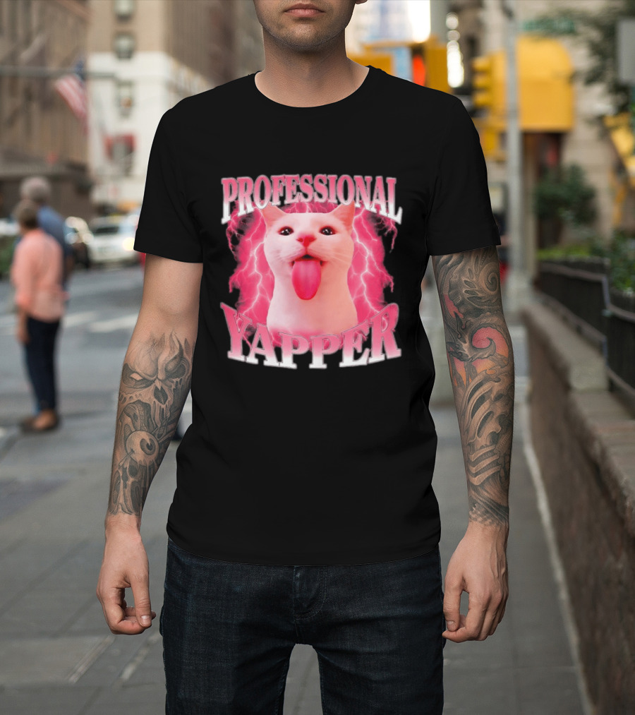 Professional Yapper Cat Pink Lightning Tongue Out T-Shirt
