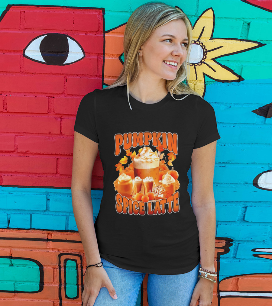 Pumpkin Spice Latte Fall Autumn Halloween Beverage With Whipped Cream And Leaves T-Shirt