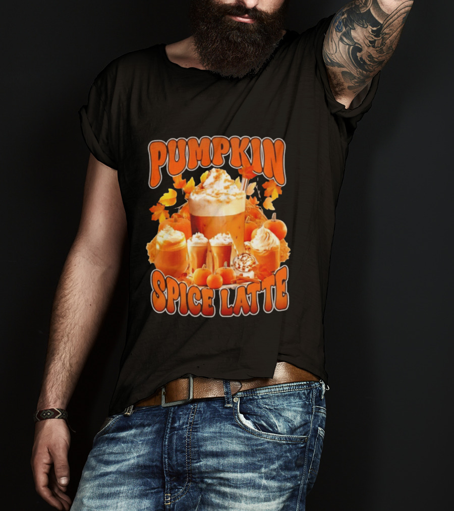Pumpkin Spice Latte Fall Autumn Halloween Beverage With Whipped Cream And Leaves T-Shirt
