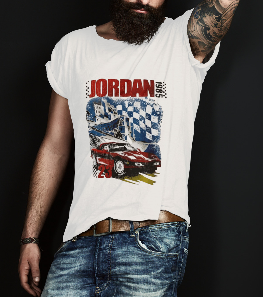 Jordan 23 Racing Brooklyn 1985 Checkered Red Sports Car Blue Flag T-Shirt