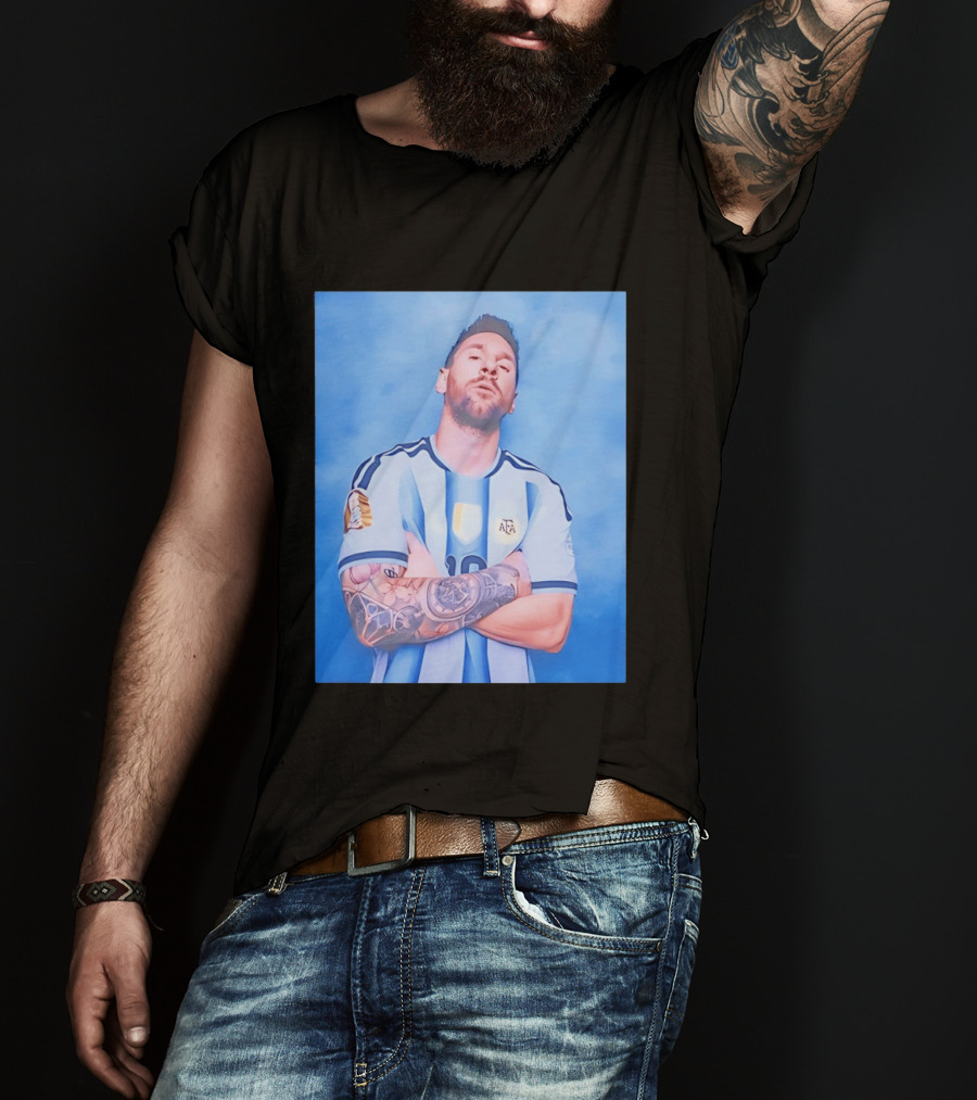 Lionel Messi With Argentina National Team Badge In Blue And White Stripes T-Shirt