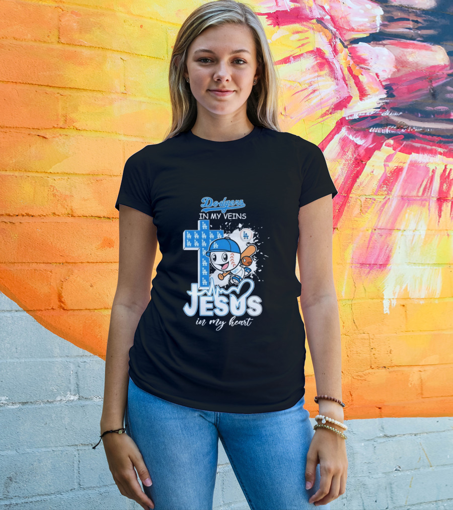 Los Angeles Dodgers In My Veins Jesus In My Heart LA Baseball Cross T-Shirt
