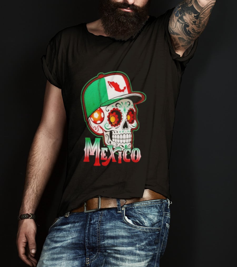 Mexico Sugar Skull Hat Map T-Shirt