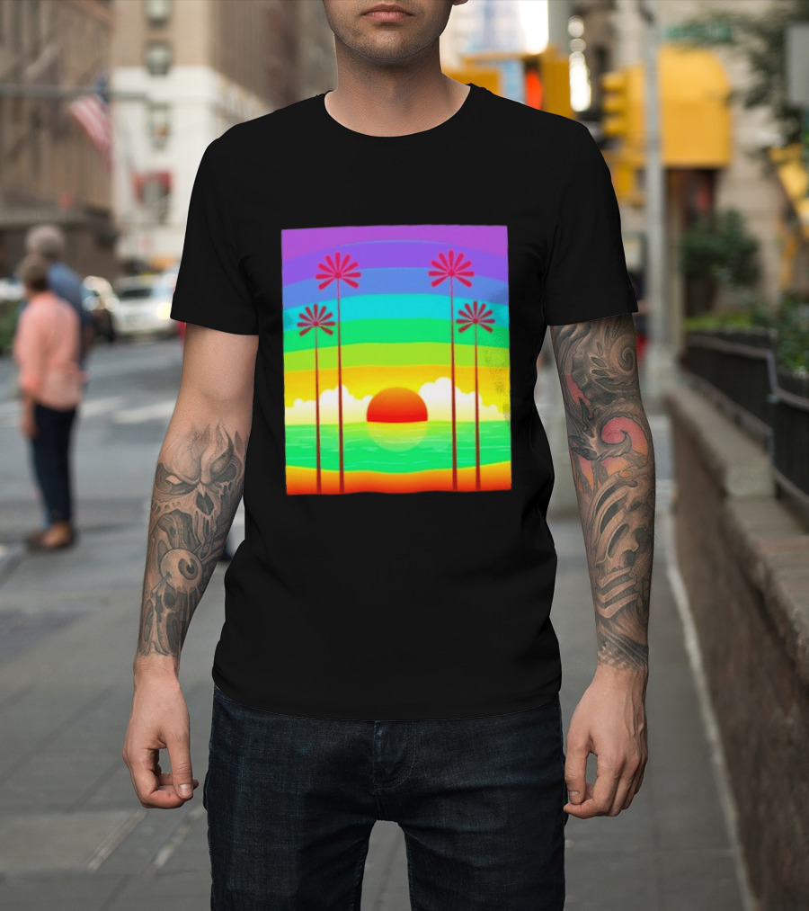 Sunset With Palm Trees And Rainbow Summer Scene T-Shirt