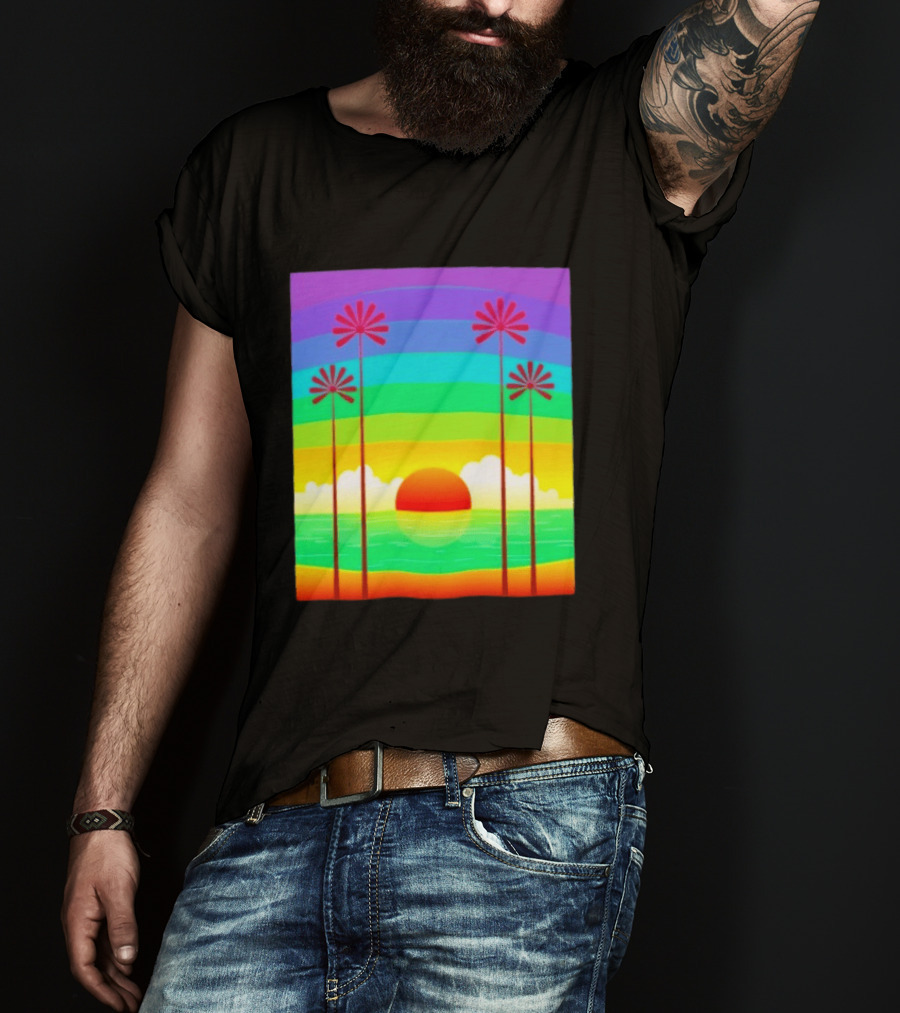 Sunset With Palm Trees And Rainbow Summer Scene T-Shirt