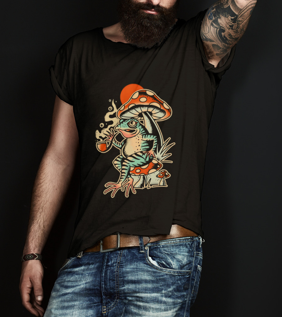 Frog Smoking Pipe Under Mushroom Tattoo T-Shirt