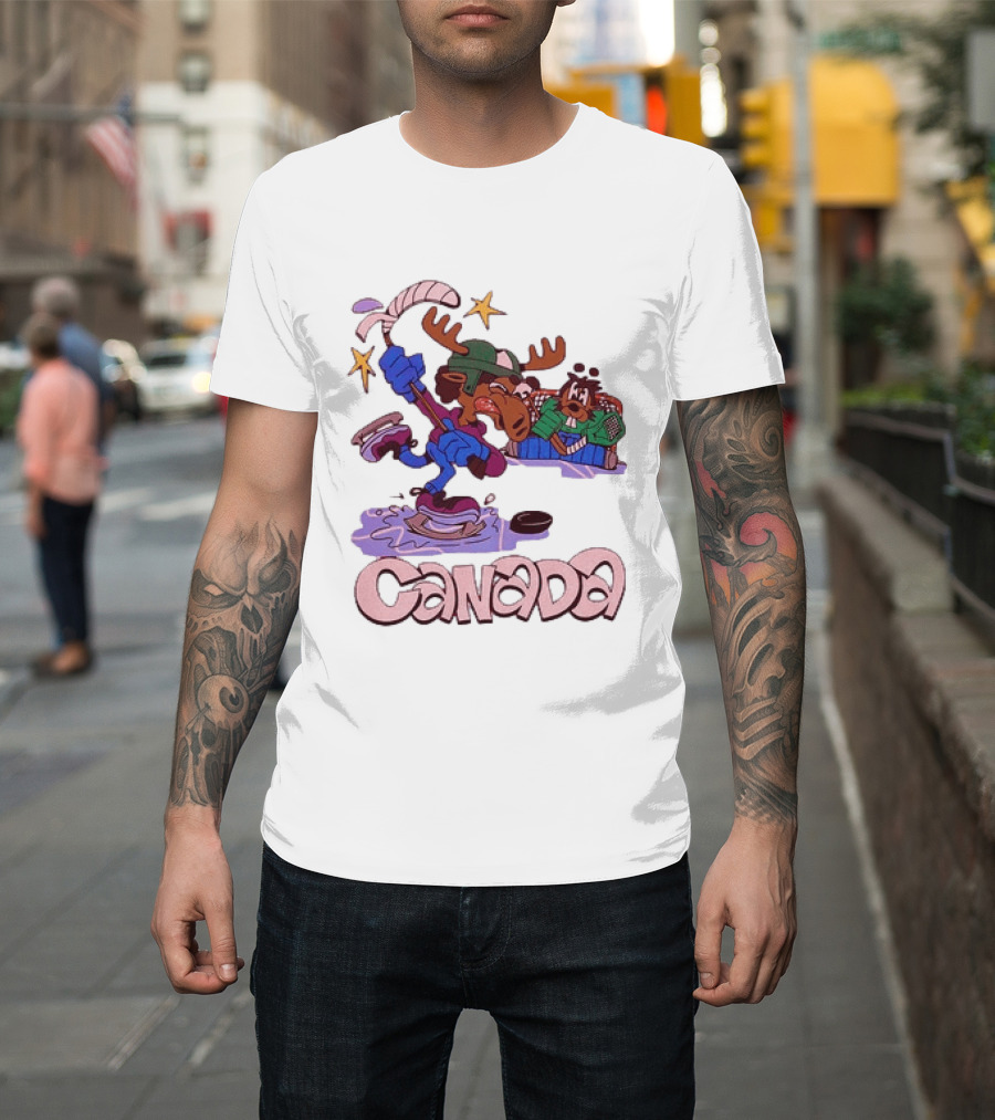 Slushy Noobz Canada Hockey Moose Cartoon Ice Rink Scene T-Shirt