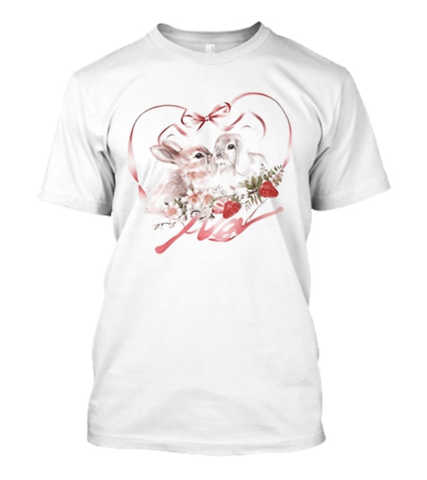 Kissing Rabbits Heart Ribbon Wings Strawberries Cute Love T-Shirt