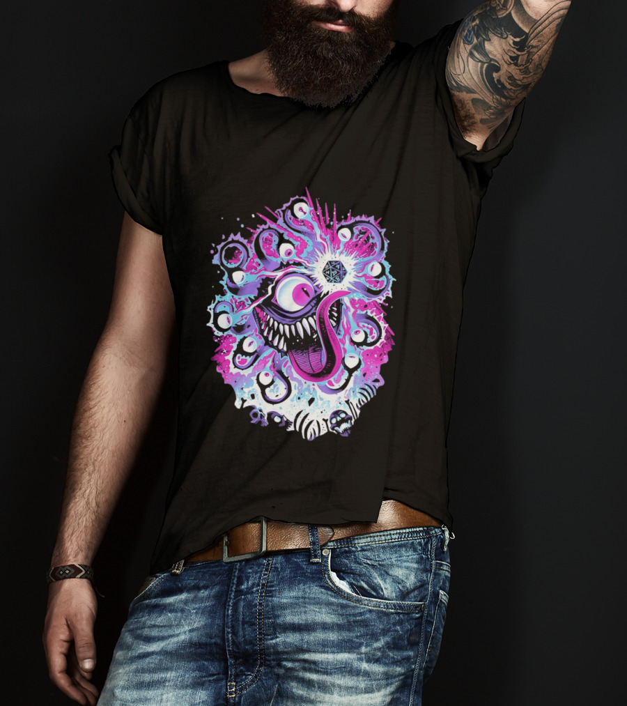 Beholder Dungeons And Dragons Eye Tyrant Illustration With D20 Dice And Psychedelic T-Shirt