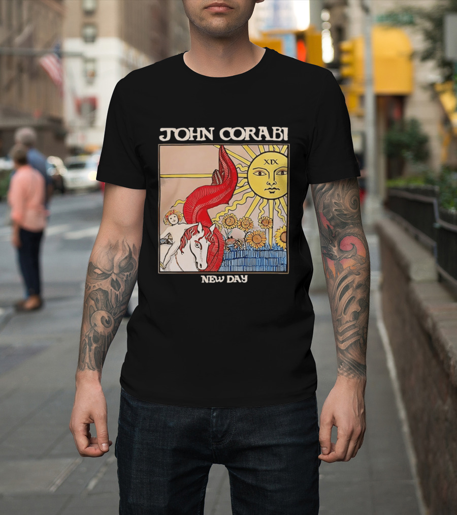 John Corabi New Day The Sun XIX Tarot Card Rider And Sunflowers T-Shirt