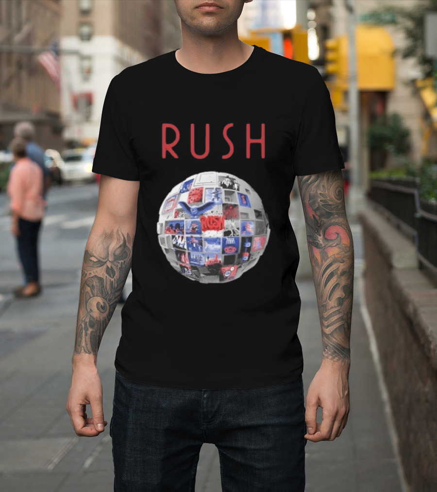 Rush All The World's An Album Tour 2026 2027 History Iconic Sphere Collage T-Shirt
