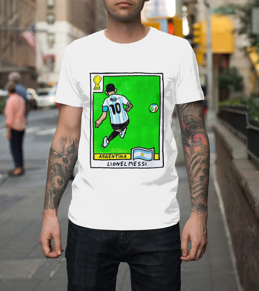 Lionel Messi Argentina Number 10 Football Card With World Cup And National Flag T-Shirt