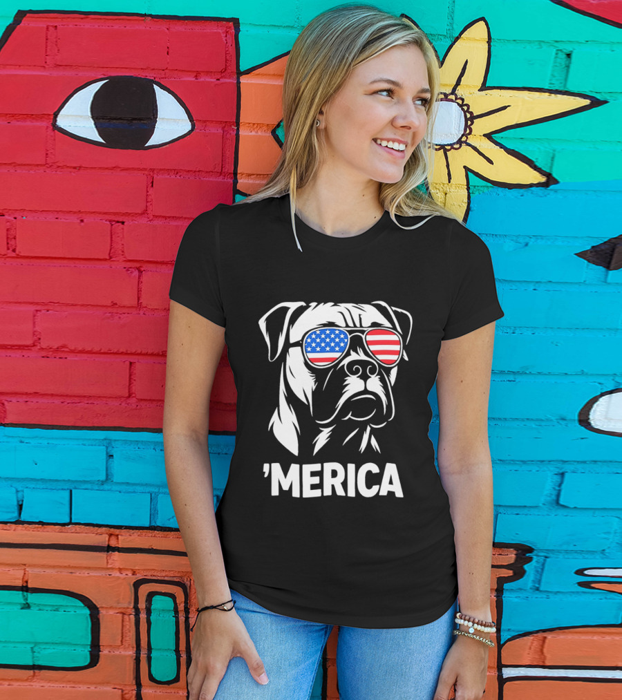 American Bulldog With USA Flag Sunglasses 'Merica T-Shirt