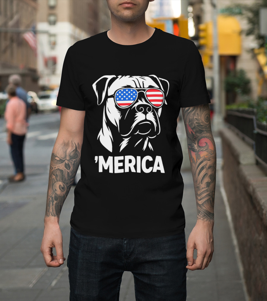 American Bulldog With USA Flag Sunglasses 'Merica T-Shirt