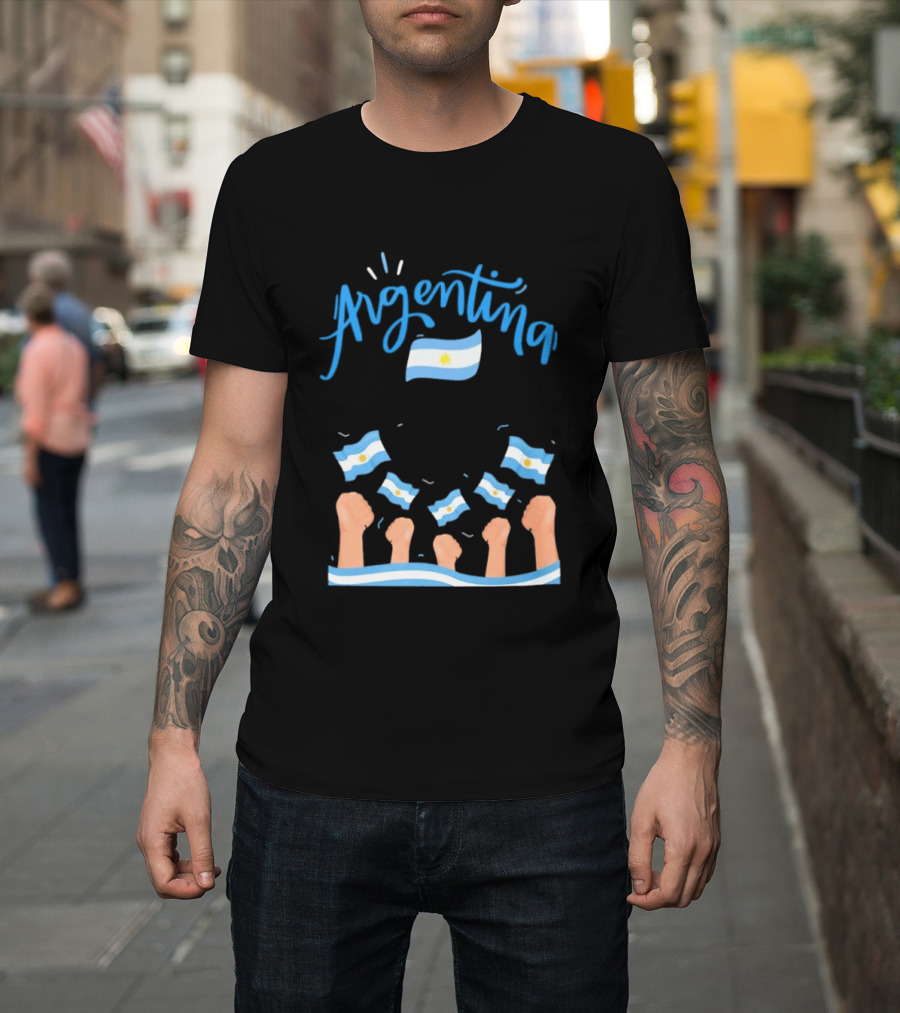 Argentina Celebration Raised Fists Waving Flags Enthusiastic Spirit T-Shirt