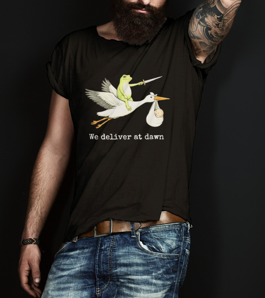 Frog Riding Stork With Sword We Deliver At Dawn T-Shirt