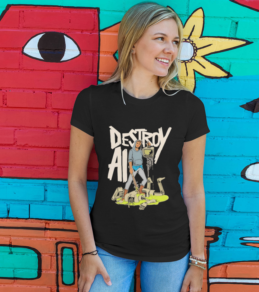 Destroy AI Sci Fi Cyberpunk Robot Resistance Heroic Battle Scene T-Shirt