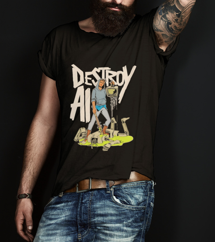 Destroy AI Sci Fi Cyberpunk Robot Resistance Heroic Battle Scene T-Shirt