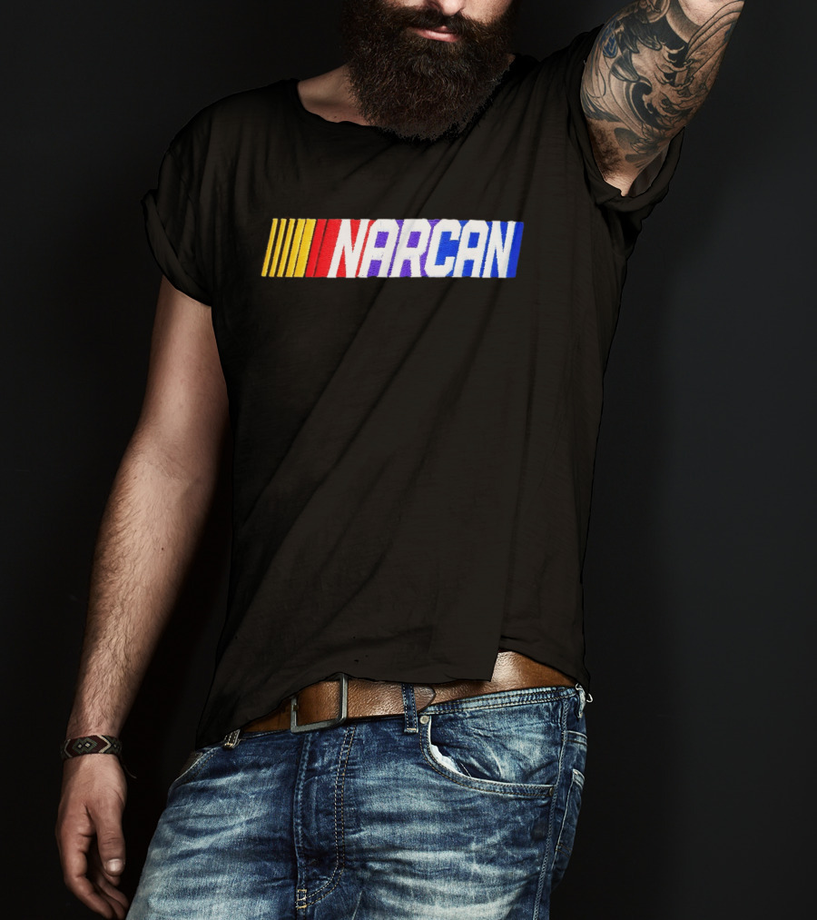 NASCAR Style NARCAN Text With Racing Stripes T-Shirt