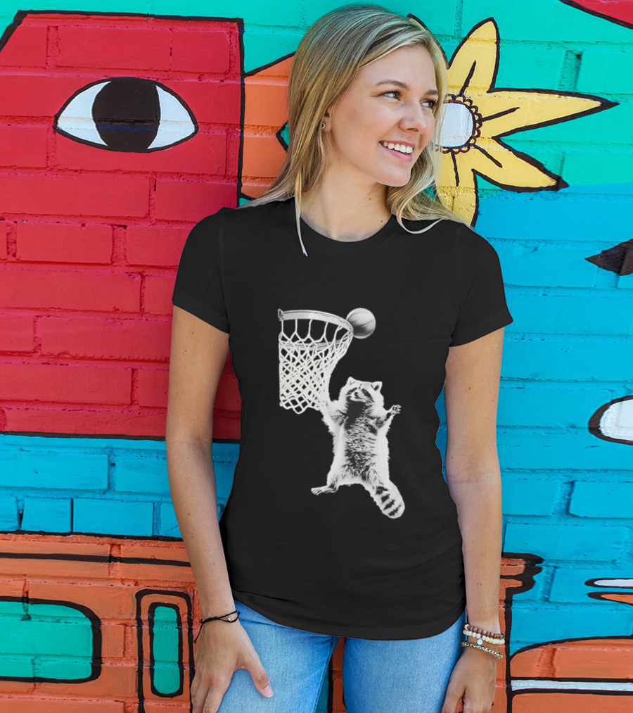 Raccoon Dunking Basketball Fun Animal Sports Play T-Shirt