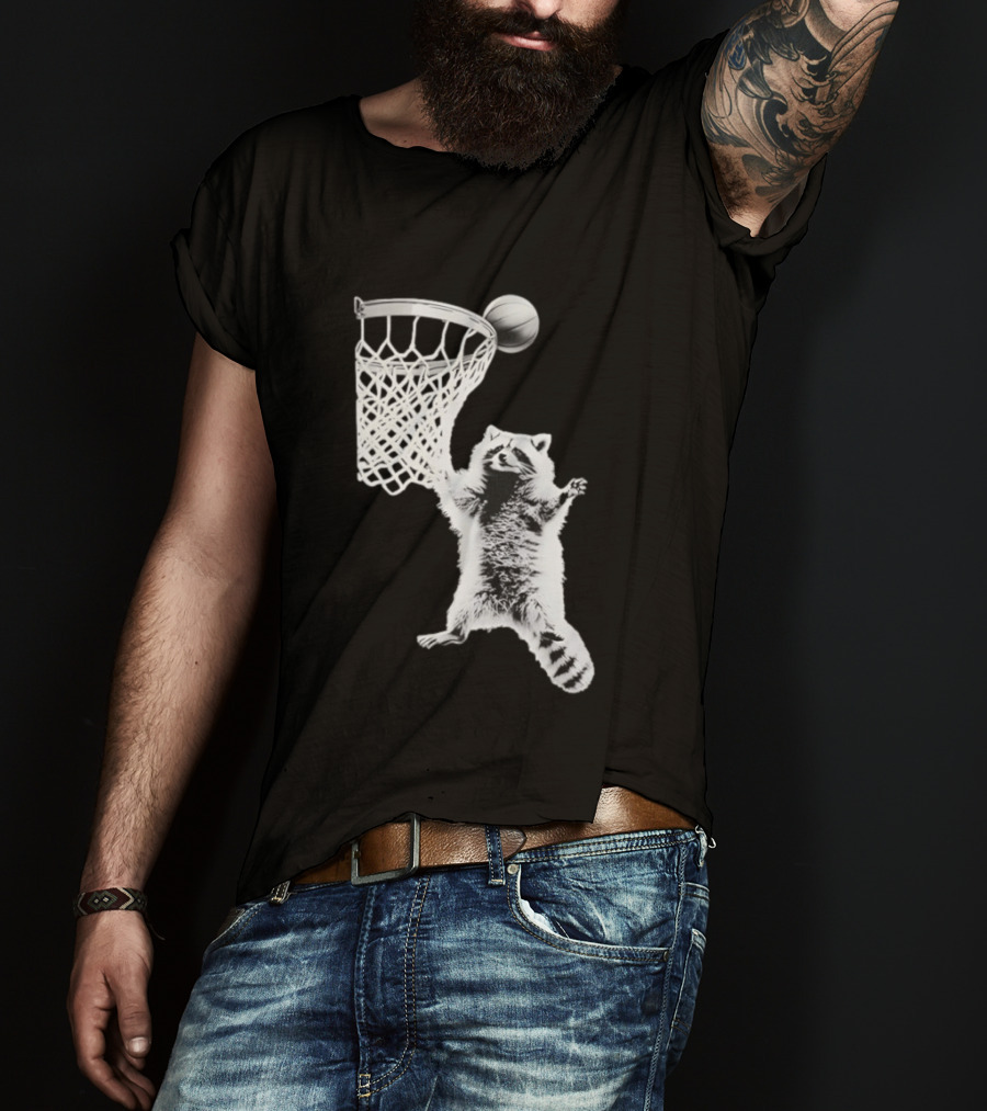 Raccoon Dunking Basketball Fun Animal Sports Play T-Shirt