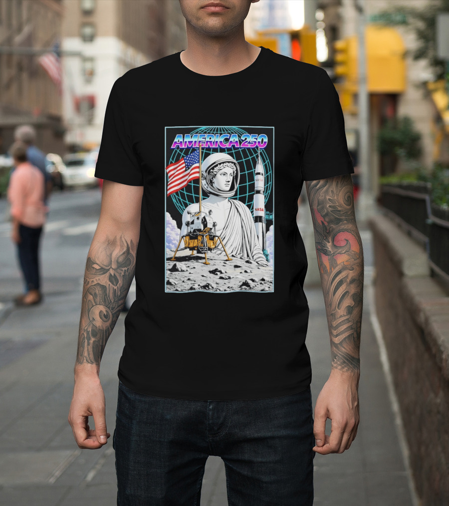 America 250 Apollo Space Rocket NASA Flag Astronaut Statue Moon T-Shirt
