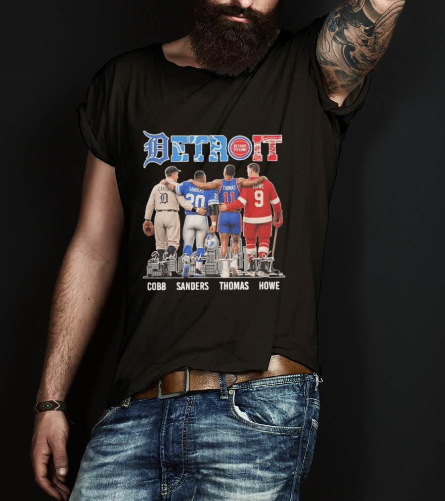 Detroit Icons Ty Cobb Barry Sanders Isiah Thomas Gordie Howe Signatures Skyline T-Shirt