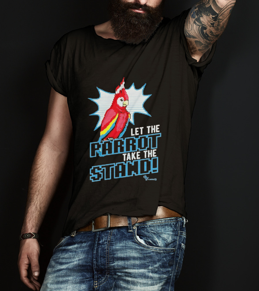Let The Parrot Take The Stand Vibrant Red Bird With Santa Hat And Blue Starburst T-Shirt
