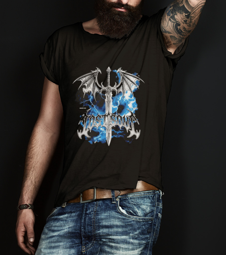 Lost Soul Gothic Sword With Wings And Blue Lightning T-Shirt