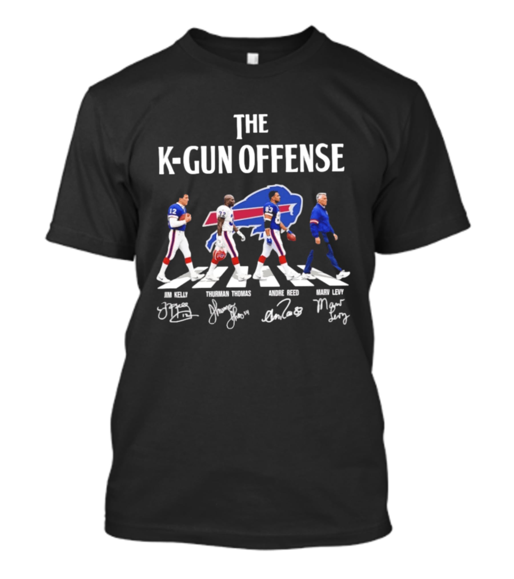 The K Gun Offense Buffalo Bills Jim Kelly Thurman Thomas Andre Reed Marv Levy Abbey Road With Signatures T-Shirt